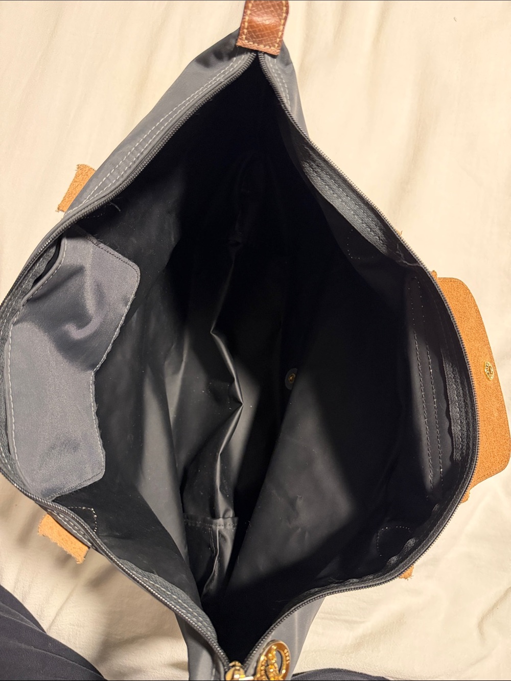 Longchamp Navy Nylon Tote with Brown Leather Trim - Picture 5 of 7